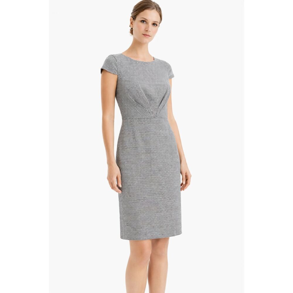 J.Crew Houndstooth Sheath Dress Linen Blend Ruched Cap Sleeve Knee Length 0